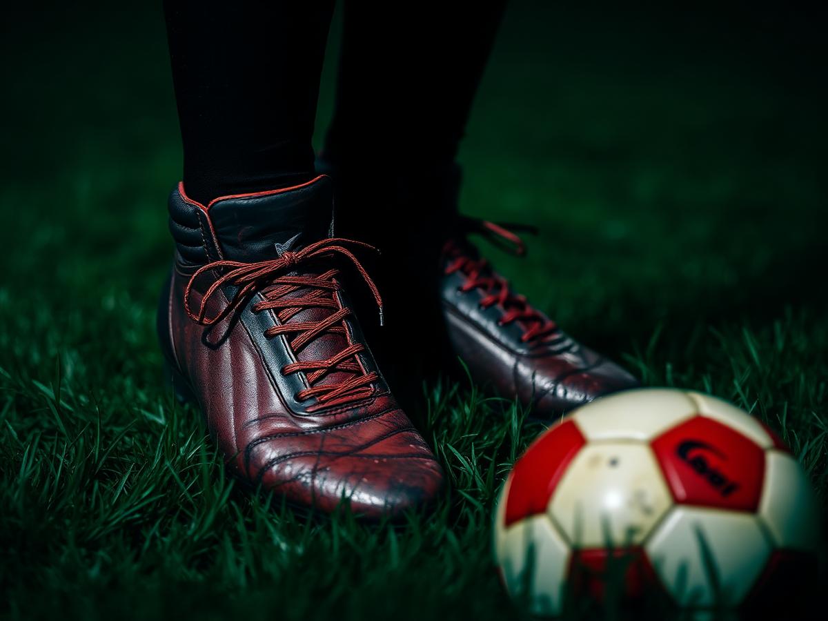 Football boots and a ball on grass