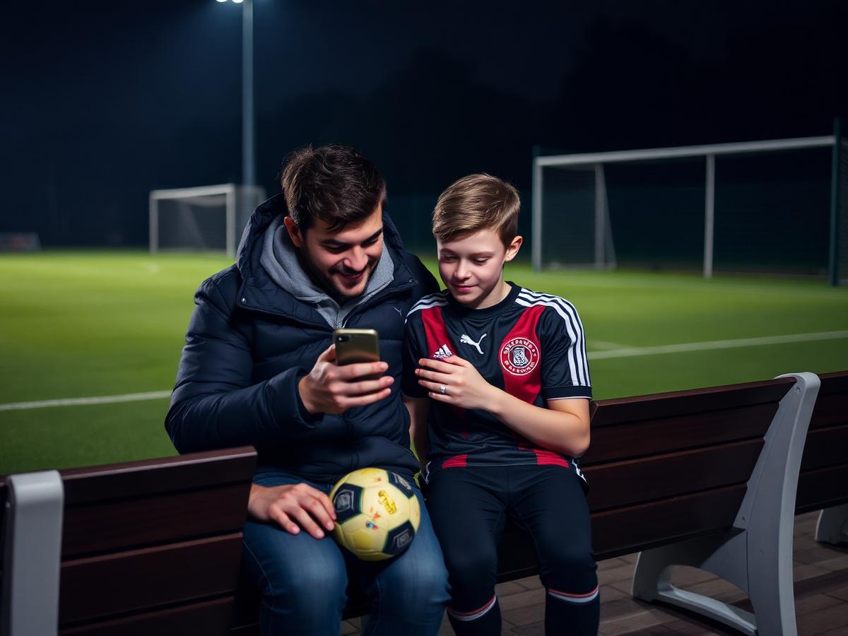 A parent and young footballer looking at a phone together beside a pitch